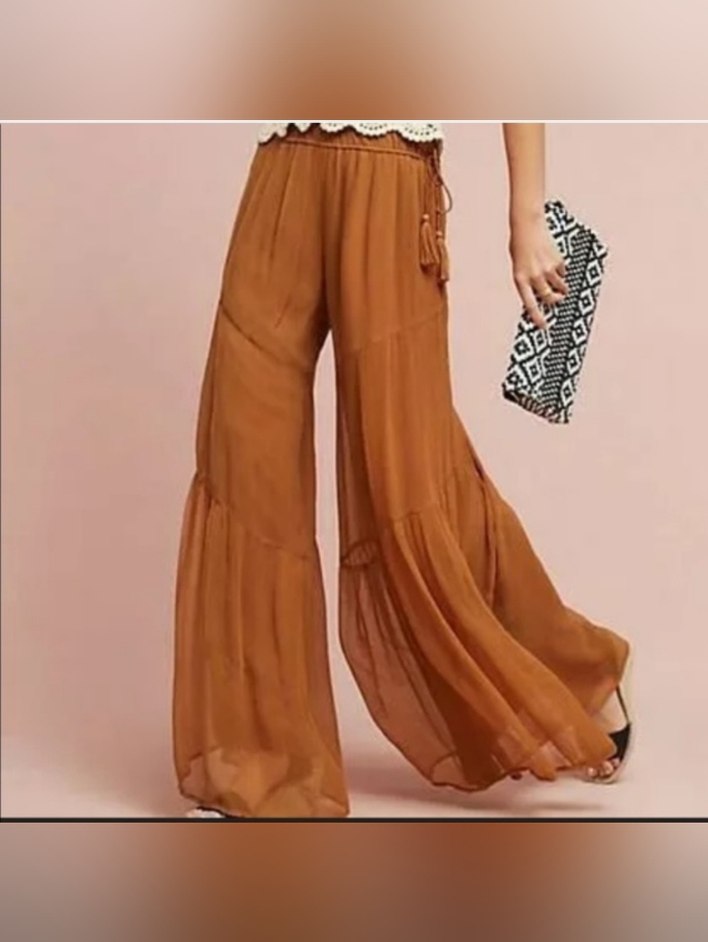 Bohemian Rust-Toned Flowing Wide-Leg Tiered Pants
